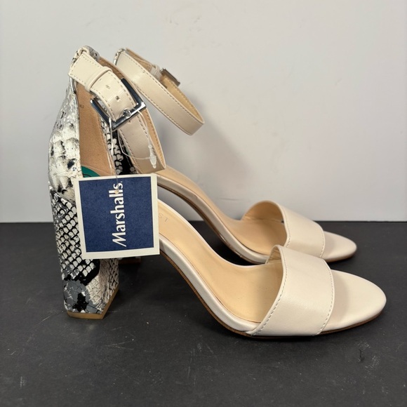 Nine West Snakeskin Block Heel Sandals Size 8 Ankle Strap Ivory Black - Picture 4 of 5